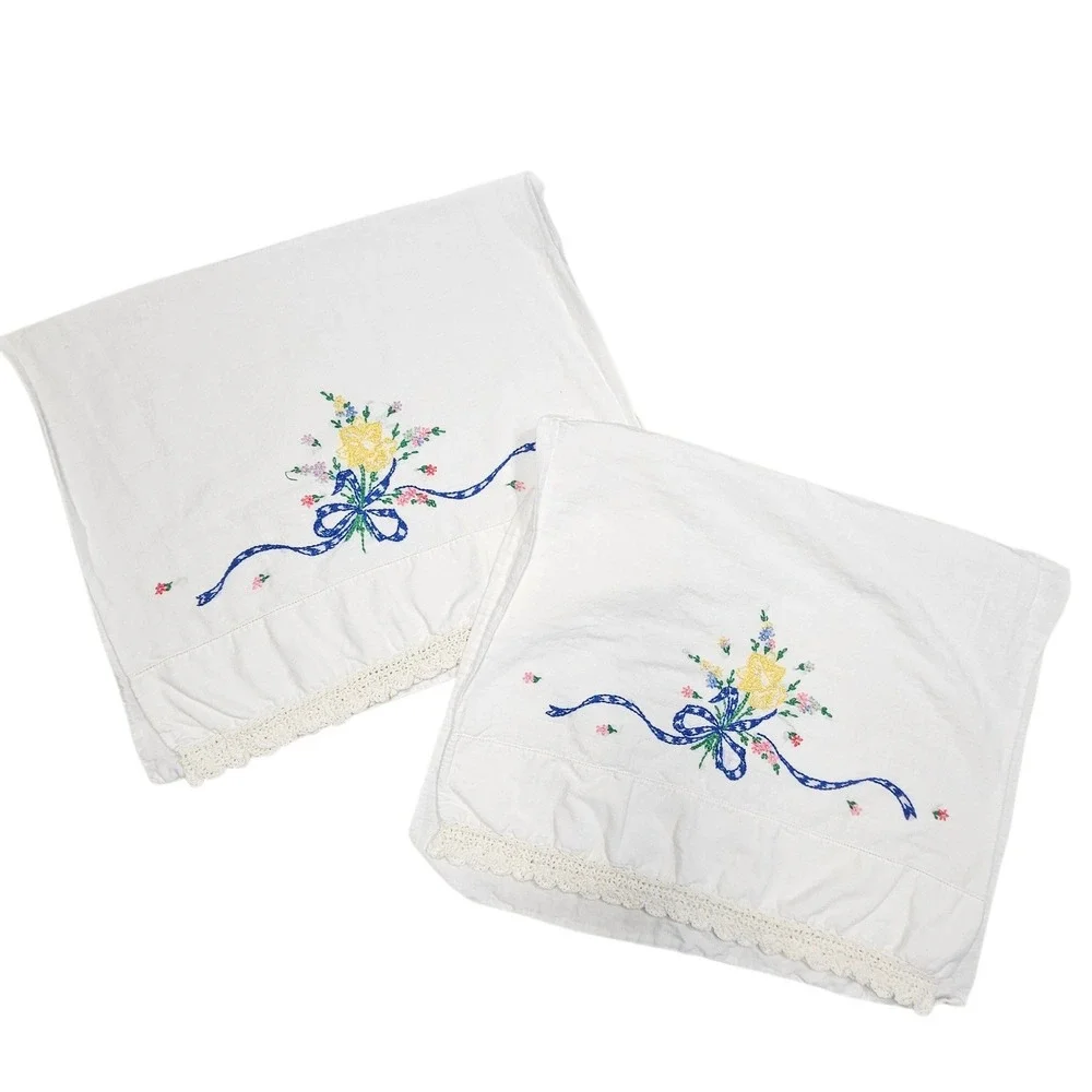 Vintage Hand Embroidered Pillowcases Pair White Yellow Floral‎ Blue Ribbon Lace